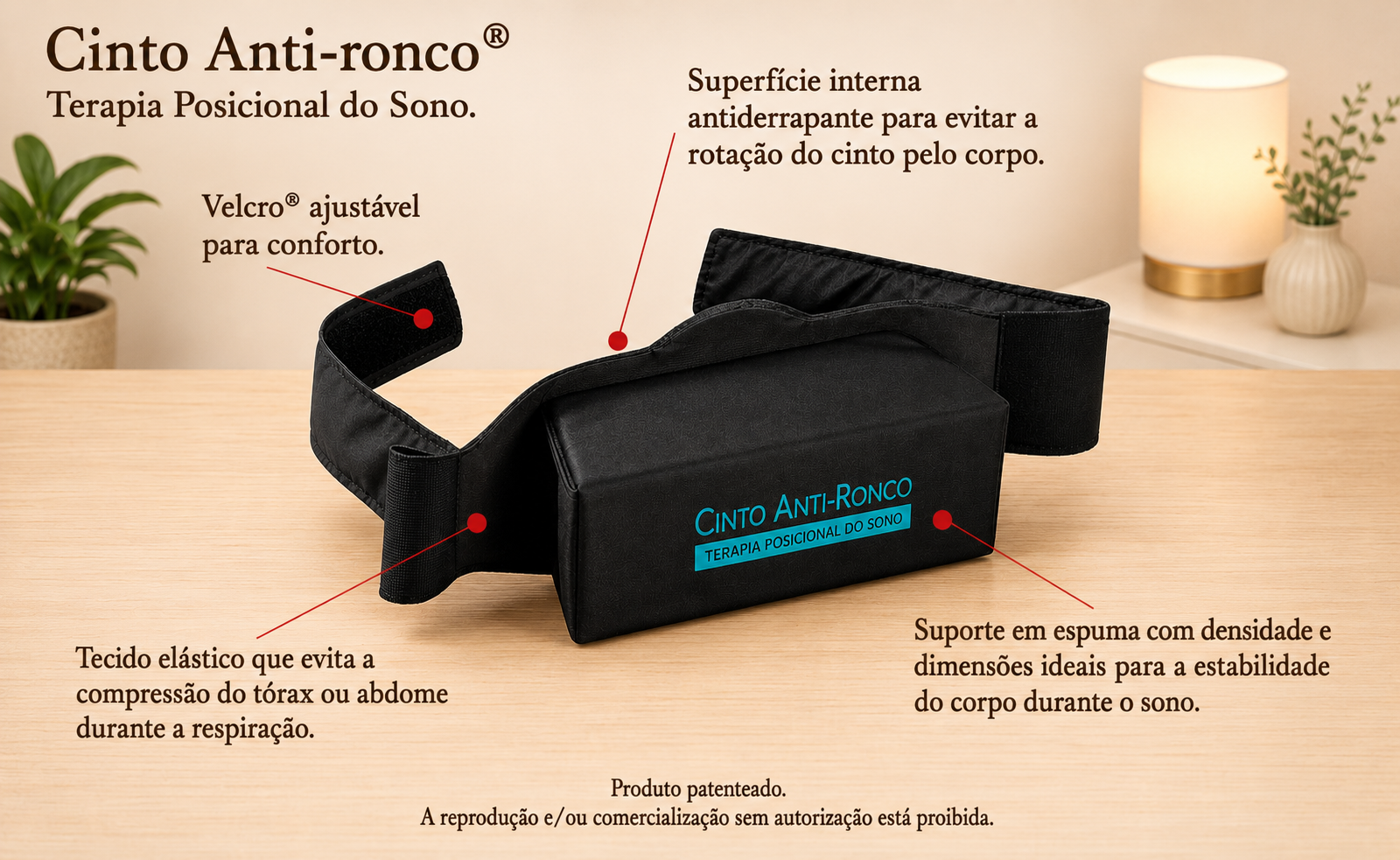 Diagrama explicativo do Cinto Anti-Ronco com destaque para velcro ajustável, tecido elástico, superfície antiderrapante e suporte em espuma